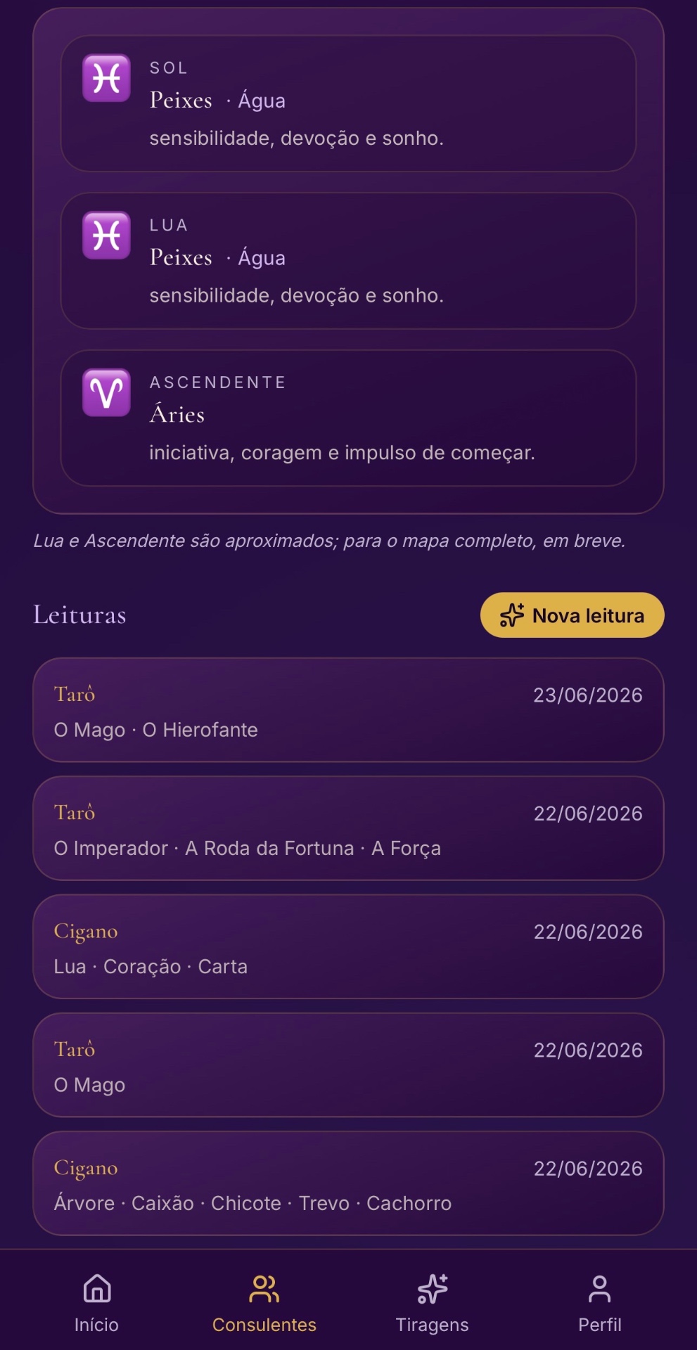 Tela do aplicativo RITUÁRIA mostrando uma leitura